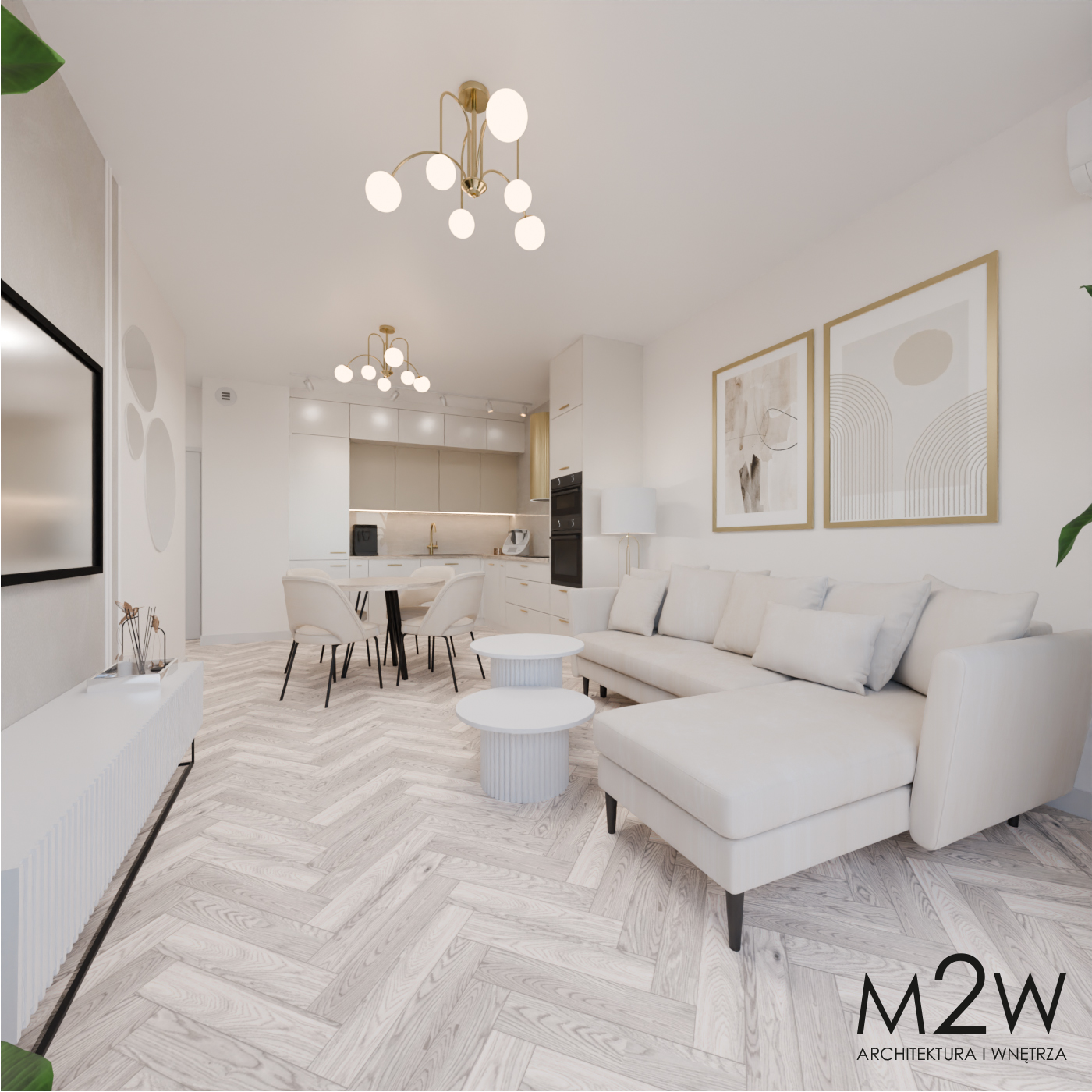 salon z otwartą kuchnią