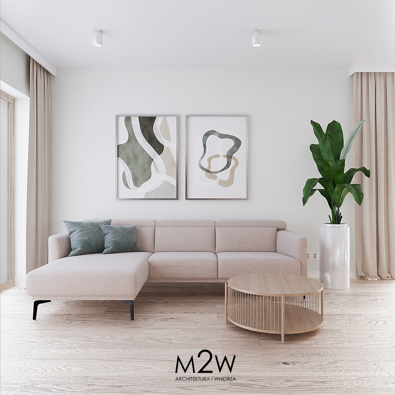 NOWOCZESNY SALON ZAPROJEKTOWANY PRZEZ BIURO PROJEKTOWANIA WNĘTRZ W ZIELONEJ GÓRZE M2W W DELIKATNYM BEŻU