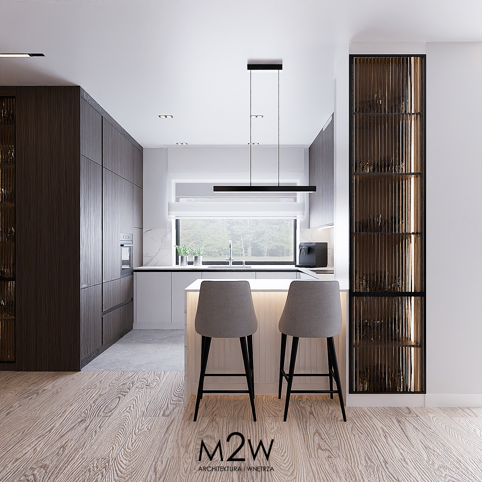 kuchnia z wyspą i krzesłami