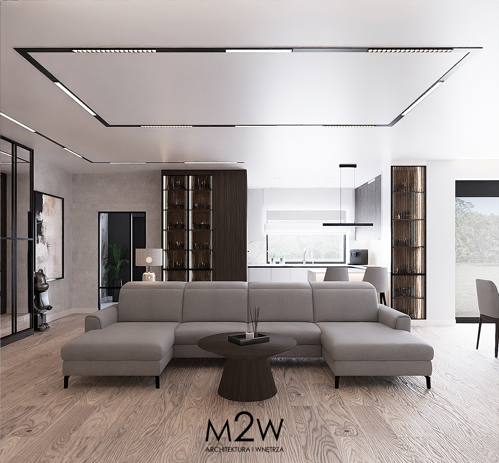 projektowanie wnętrz Zielona Góra M2W pokazuje salon ze szklanymi witrynami i sofą