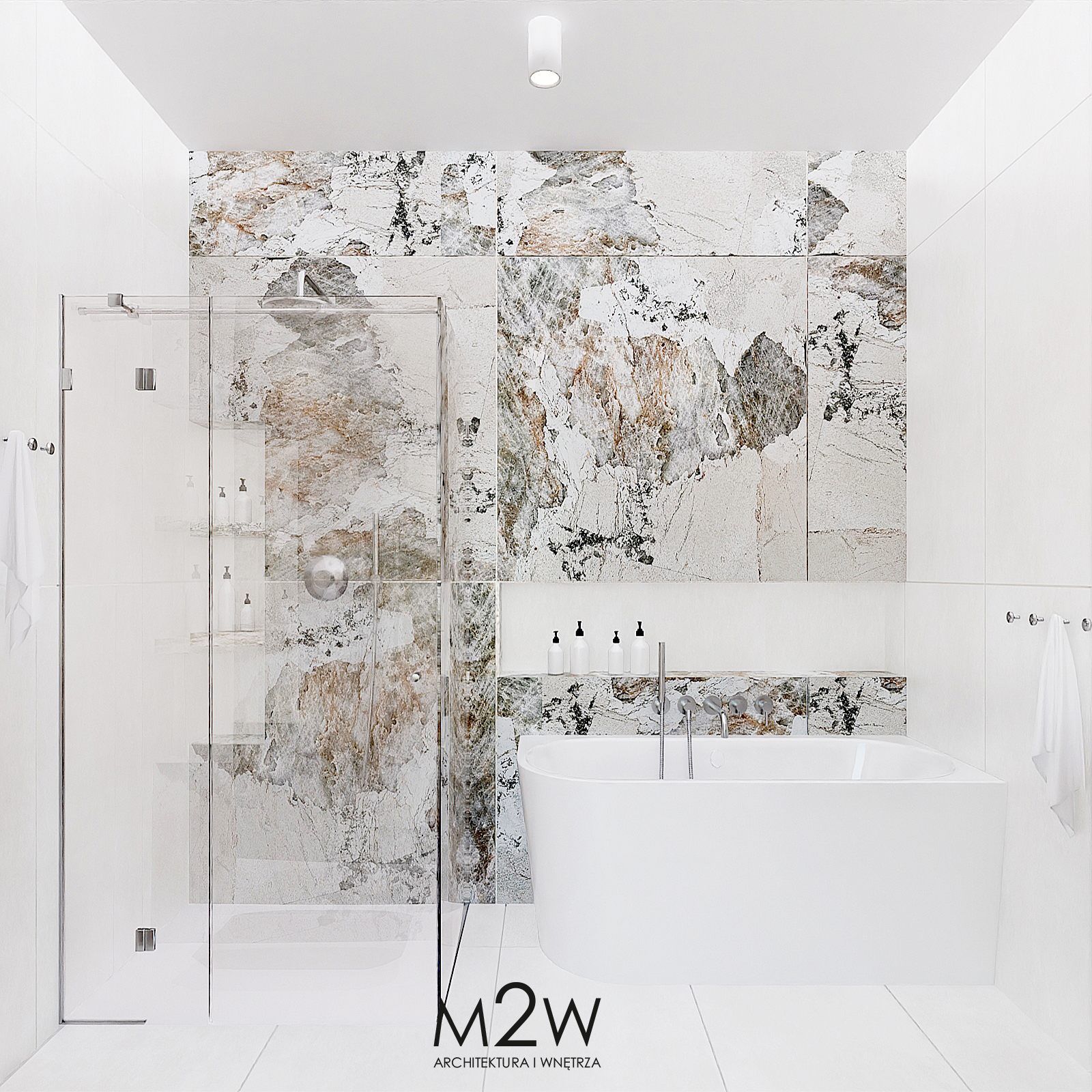 BEŻOWA ŁAZIENKA Z CHARAKTERYSTYCZNYMI PŁYTKAMI i wanną