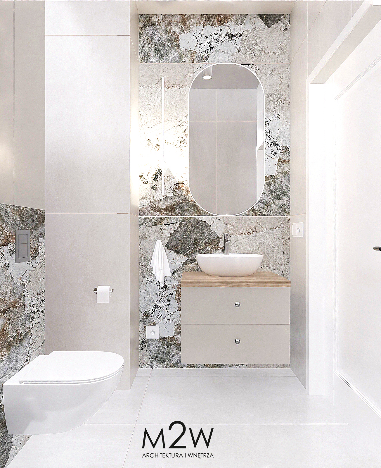 MAŁA ŁAZIENKA W BEŻU Z AKCENTEM WZORZYSTYCH PŁYTEK z lustrem